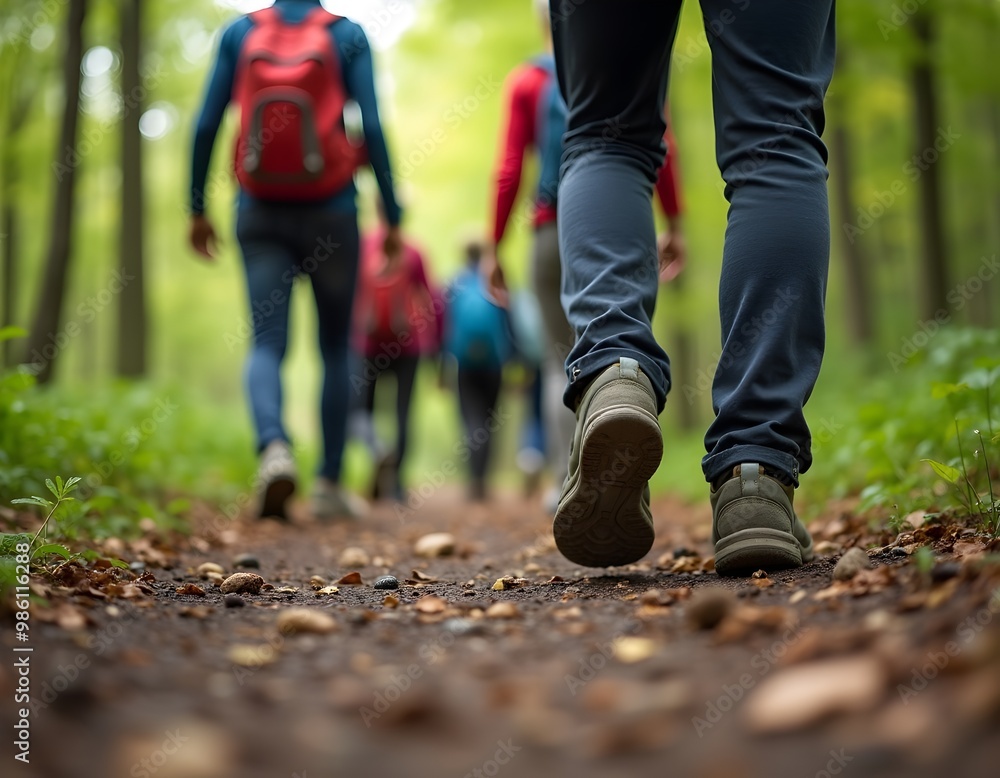 Close-up of Tourists Walking Along Forest Path, Traveling Together in a Group Close-up of Tourists Walking Along Forest Path, Traveling Together in a Group