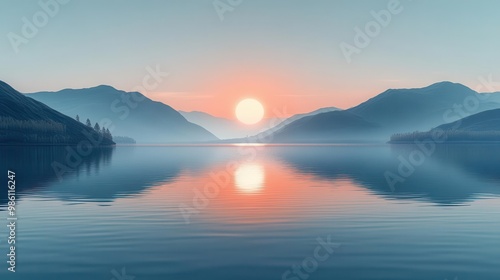 sunrise over serene lake golden eye reflecting in water minimalist vector art style clean lines muted palette ethereal atmosphere isolated composition