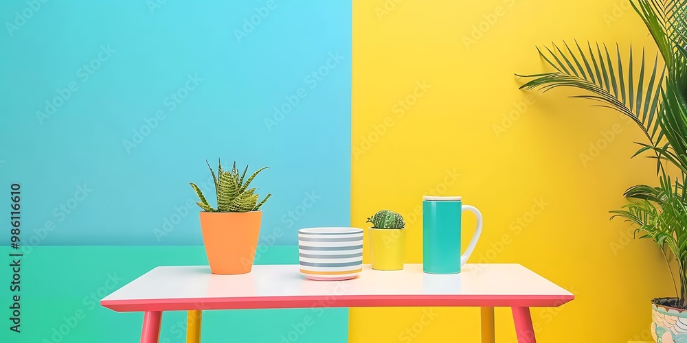 Fototapeta premium Colorful Table with Plants and Cup