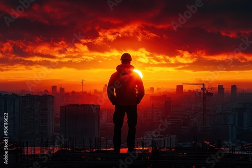 sunset construction silhouette of engineer on rooftop construction site dramatic orange sky backdrop dynamic pose suggests progress and ambition industrial elements frame the composition