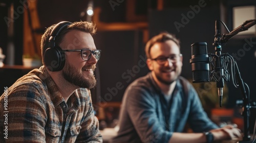 Two men smiling while recording in a studio setting with microphones and headphones.