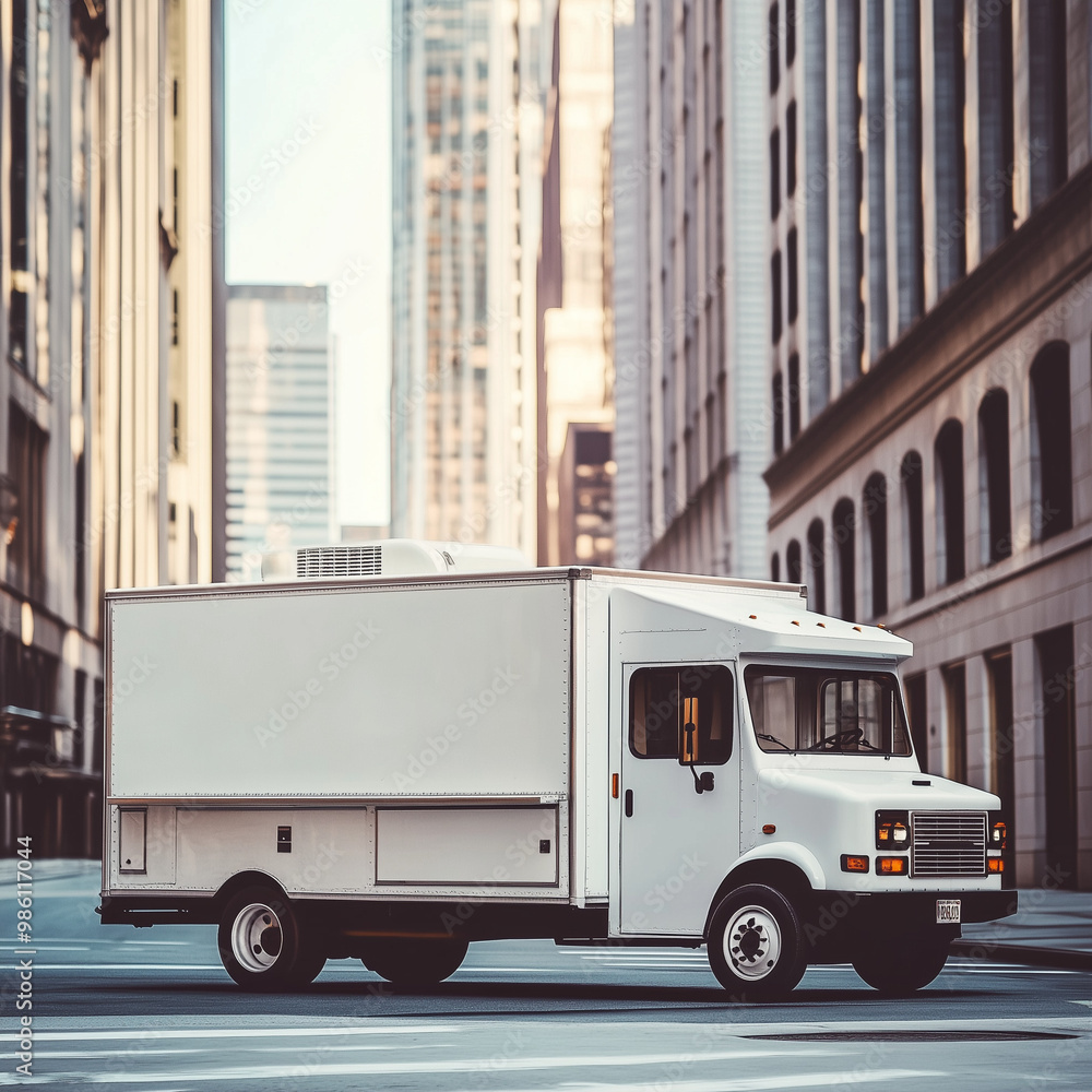 Naklejka premium delivery truck on empty city street with tall buildings. a white delivery truck parked on an empty street in a city with tall buildings. ideal for urban logistics, delivery services, or transportation