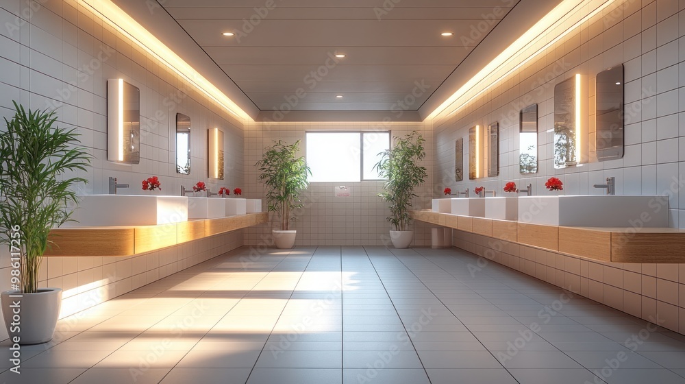 Modern restroom with sinks, plants, and natural lighting. Modern restroom with sinks, plants, and natural lighting.