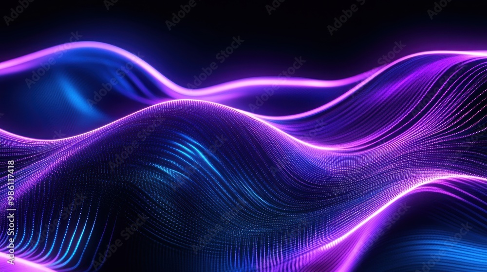 Abstract purple and blue glowing wave pattern on a black background. Abstract purple and blue glowing wave pattern on a black background.
