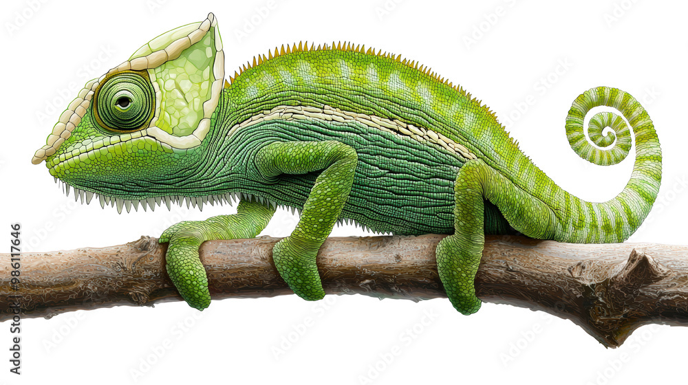 A vibrant green chameleon perched on a branch, showcasing its incredible camouflage and adaptability. Its coiled tail and curious eyes highlight nature’s clever design isolated transparent background A vibrant green chameleon perched on a branch, showcasing its incredible camouflage and adaptability. Its coiled tail and curious eyes highlight nature’s clever design isolated transparent background