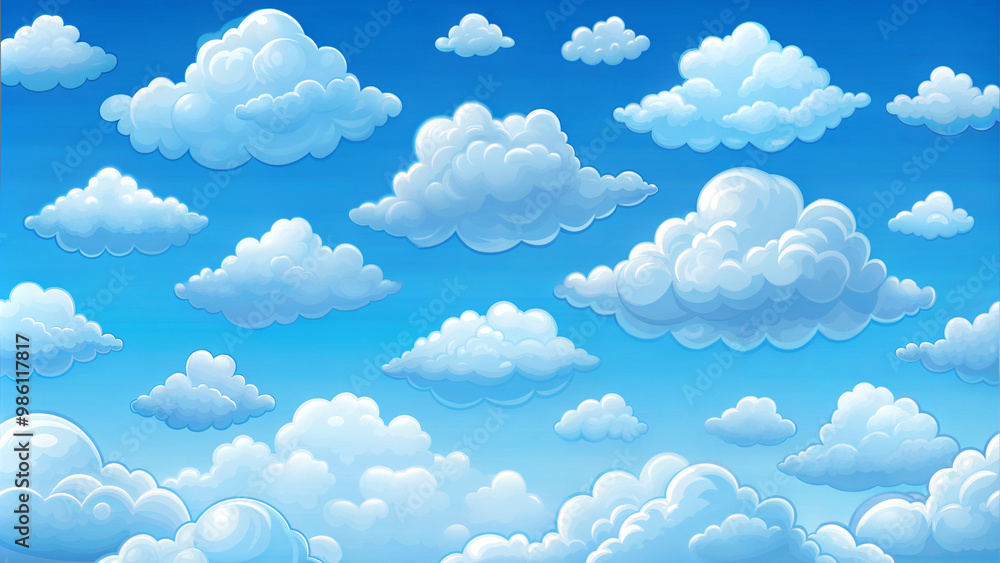Bright cartoon-style clouds against a blue sky, cheerful and whimsical atmosphere
Bright cartoon-style clouds against a blue sky, cheerful and whimsical atmosphere