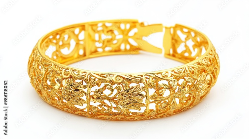 A beautifully crafted gold bracelet featuring intricate floral designs. A beautifully crafted gold bracelet featuring intricate floral designs.