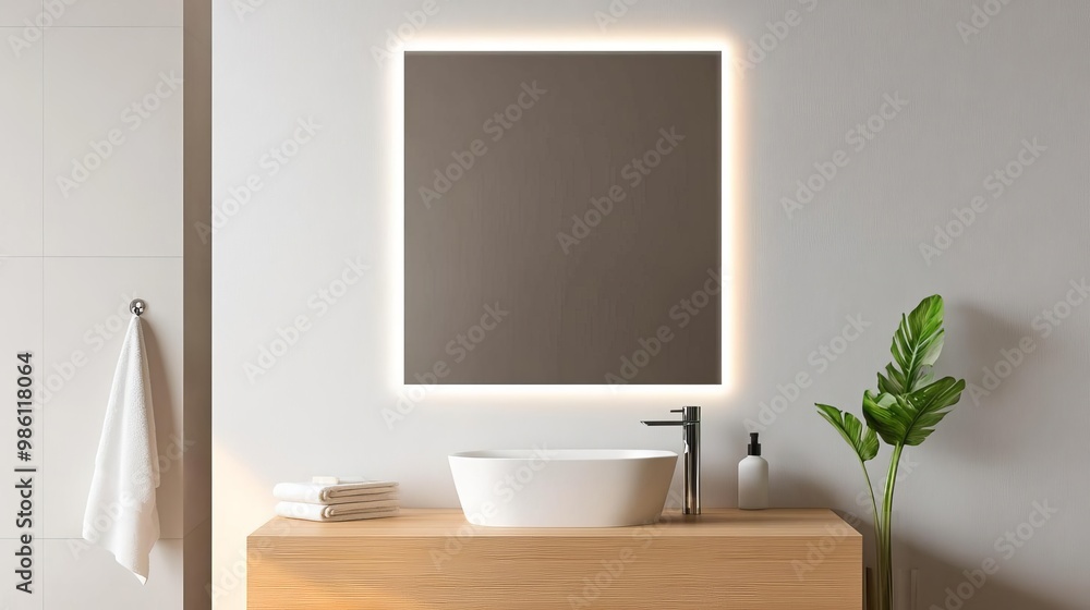 Square frameless mirror with backlighting in a minimalist bathroom, minimalist bathroom mirror, modern elegance Square frameless mirror with backlighting in a minimalist bathroom, minimalist bathroom mirror, modern elegance