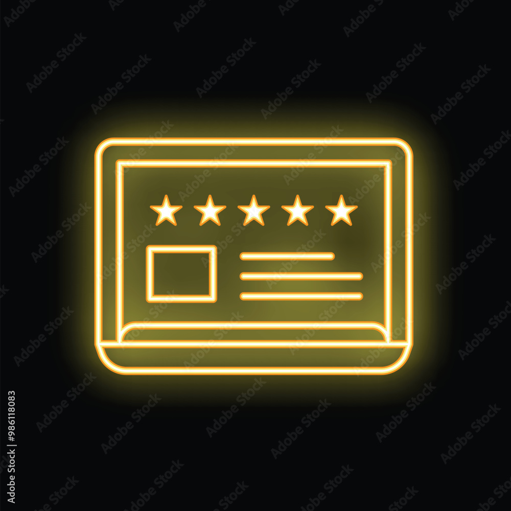 Neon icon of customer review rating on laptop screen on black background Neon icon of customer review rating on laptop screen on black background