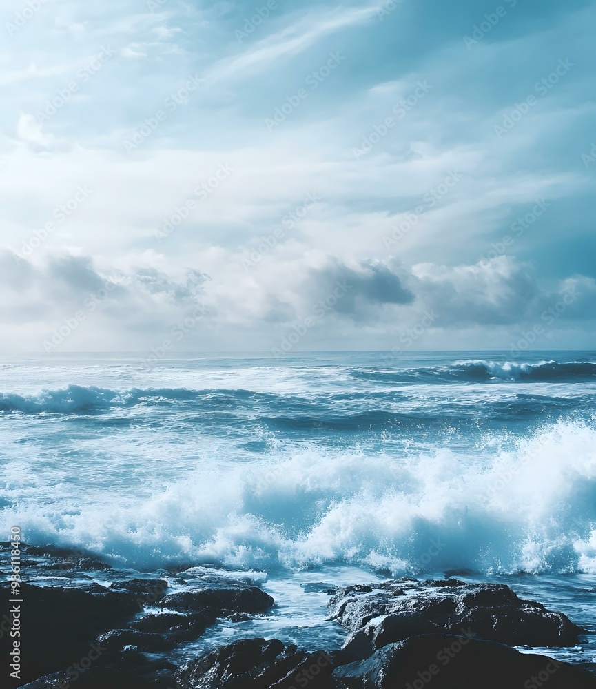 Fototapeta premium Ocean Waves Crashing on Rocks Under a Cloudy Sky