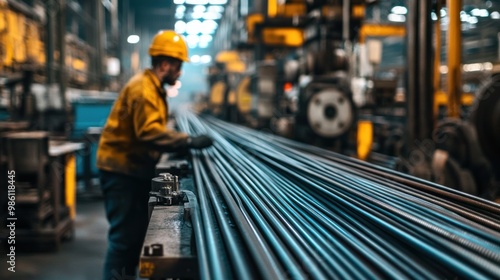 Close up of a worker standing at the end of a metal rod conveyor belt.