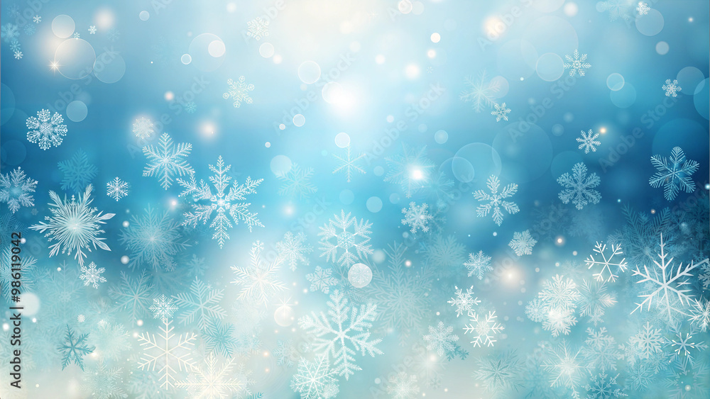 Soft winter background with falling snowflakes and blurred blue lights, serene atmosphere
Soft winter background with falling snowflakes and blurred blue lights, serene atmosphere