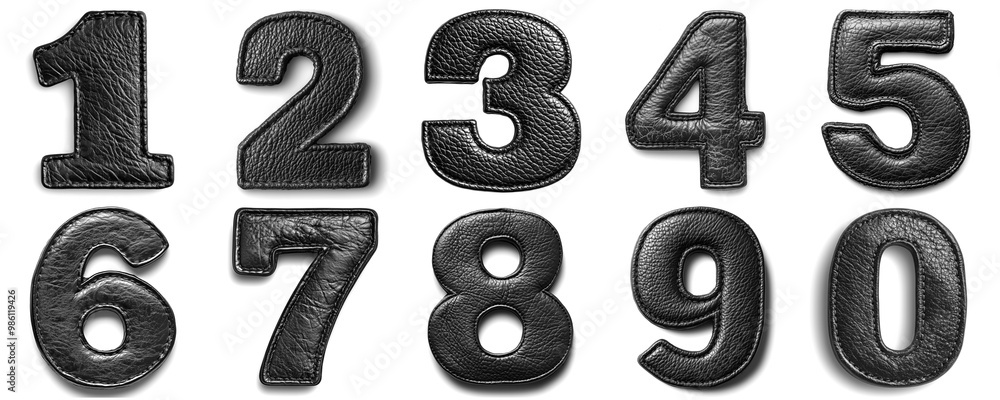 set of black leather numbers: 1, 2, 3, 4, 5, 6, 7, 8, 9, 0. isolated on white background set of black leather numbers: 1, 2, 3, 4, 5, 6, 7, 8, 9, 0. isolated on white background
