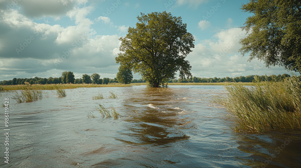 Submerged Overflow A floodplain completely submerged under water after a river overflow ...