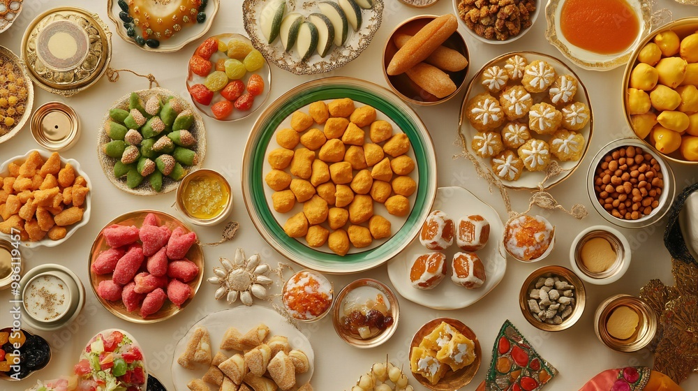 Festive spread of traditional Indian sweets and snacks on a decorative table Festive spread of traditional Indian sweets and snacks on a decorative table