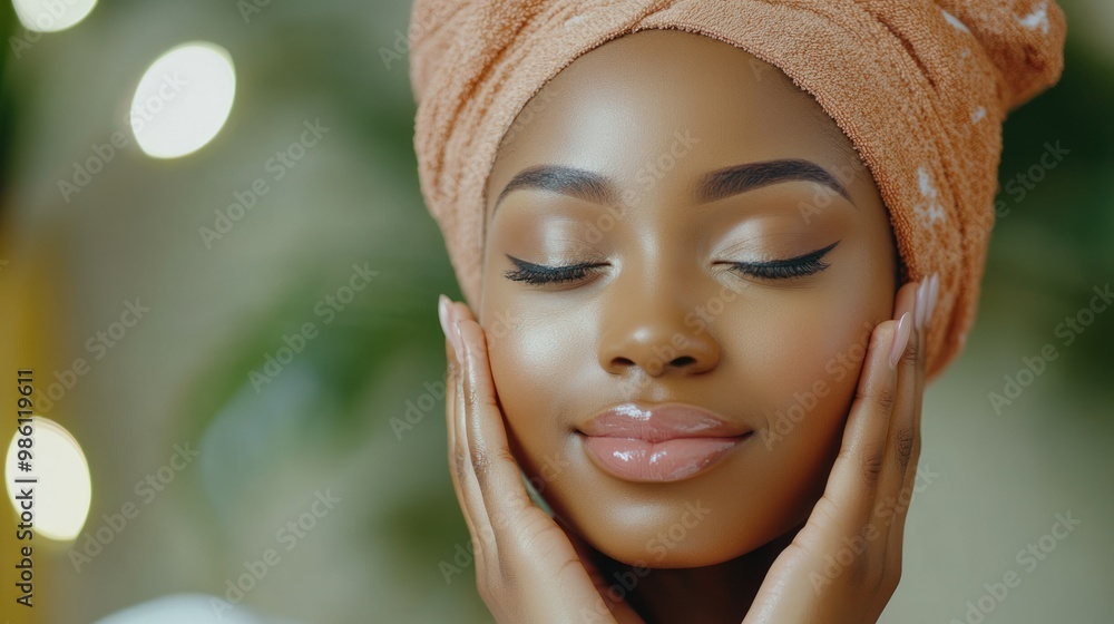 A serene woman with a towel on her head, enjoying a skincare routine. A serene woman with a towel on her head, enjoying a skincare routine.