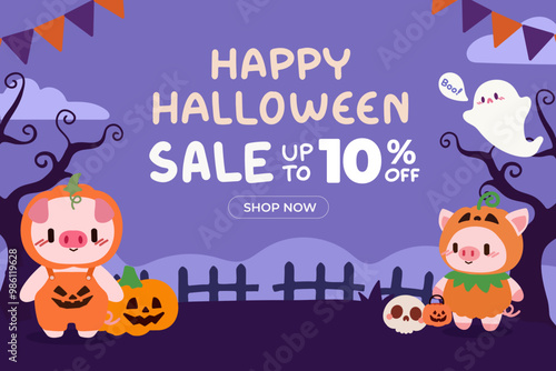 Cute Halloween Sale Banner with Pig Characters in Pumpkin Costumes. Halloween Discount Promo with Adorable Pumpkin Pigs and Ghost.Spooky Halloween Sale Banner Featuring Piglets and Ghost.