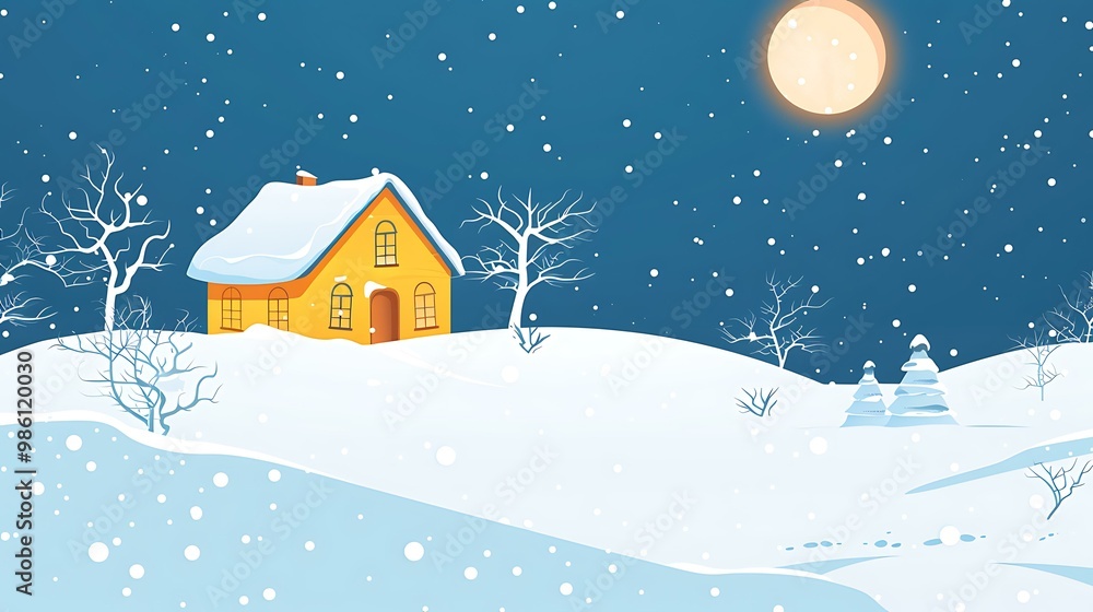 Naklejka premium Snowy Winter Night Landscape with House and Trees