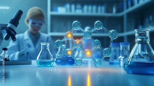 Biomolecular structures forming under laser light, with brightly lit patterns emerging from the darkness, surrounded by a futuristic, sterile lab environment photo