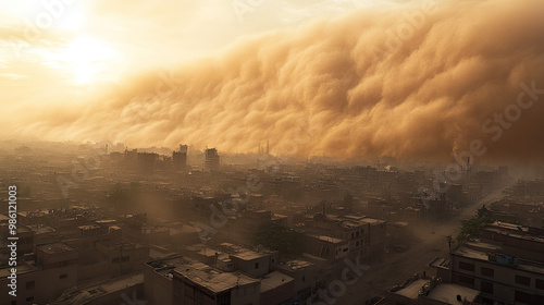 A city under siege from a massive dust storm, with visibility reduced to near zero and buildings obscured by the thick cloud of dust, highlighting the overwhelming force of the disaster. photo