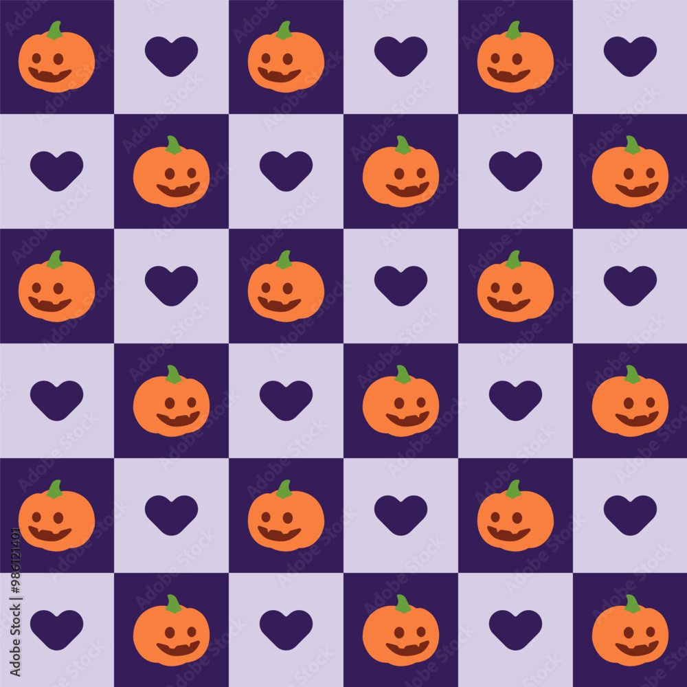 Fototapeta premium Cute Pumpkin and Heart Checkerboard Pattern. Halloween Pumpkins and Hearts Pattern Design.