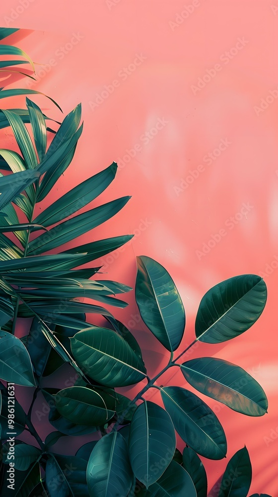 Fototapeta premium Tropical Leaves on Pink Wall Background