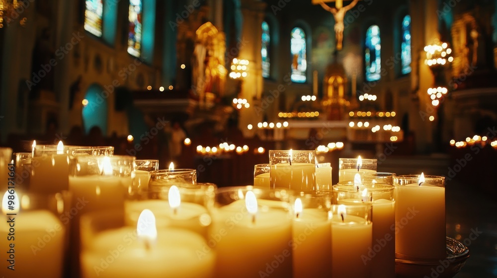 Close-up of candles burning in a church with a blurry background of a crucifix. Close-up of candles burning in a church with a blurry background of a crucifix.