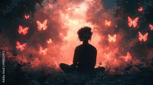 surreal digital illustration of a person in a tranquil forest therapy session surrounded by floating anxiety symbols dissolving into butterflies