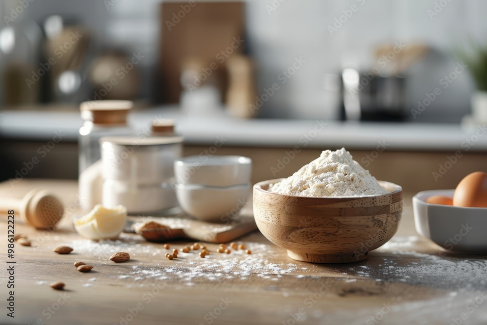 Fototapeta premium Baking ingredients on wooden table for food preparation. Kitchen background.