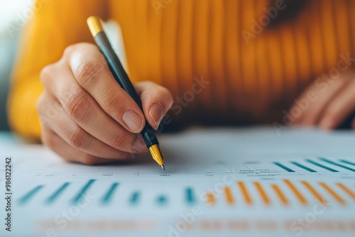 Closeup of a financial advisors hand holding a pen over an investment plan, explaining asset allocation, closeup advisor holding pen, portfolio planning expertise