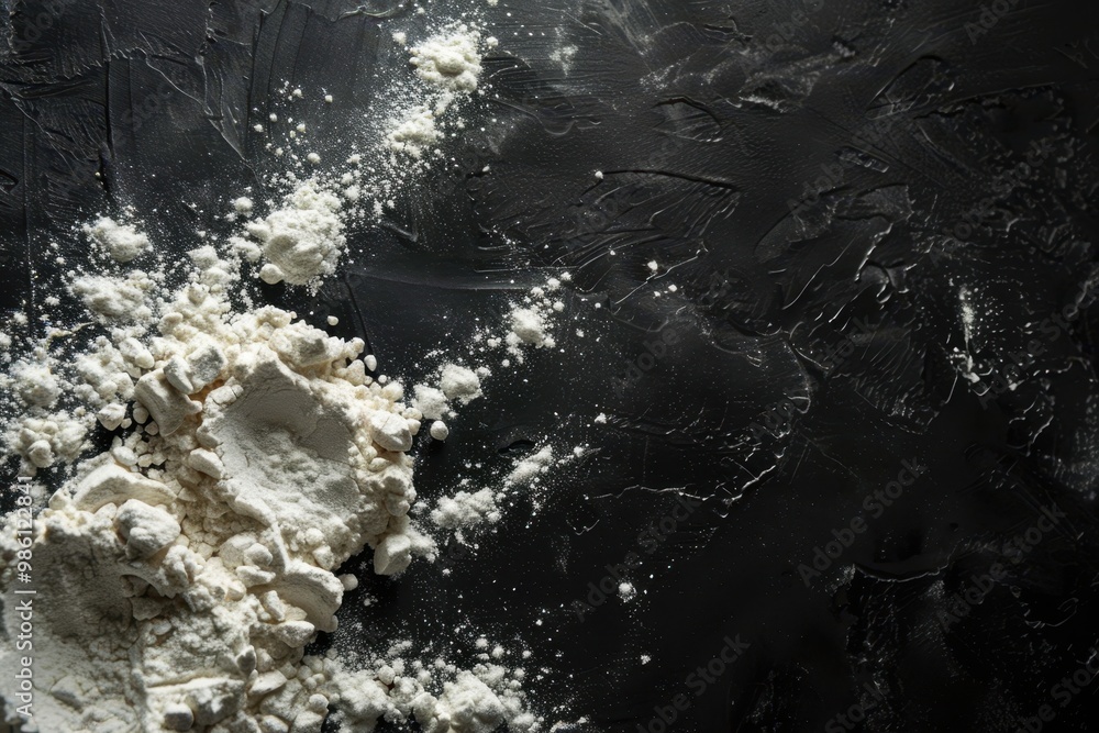 Black background with flour. Copy space  top view