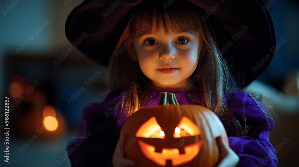A little girl dressed as a witch holding a Halloween pumpkin : Generative AI A little girl dressed as a witch holding a Halloween pumpkin : Generative AI