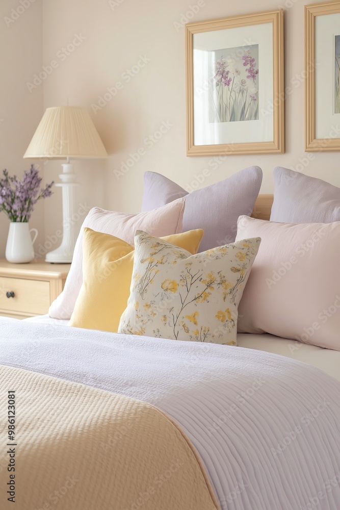 A serene bedroom with soft bedding, pastel pillows, and floral decor offers a tranquil retreat for relaxation A serene bedroom with soft bedding, pastel pillows, and floral decor offers a tranquil retreat for relaxation