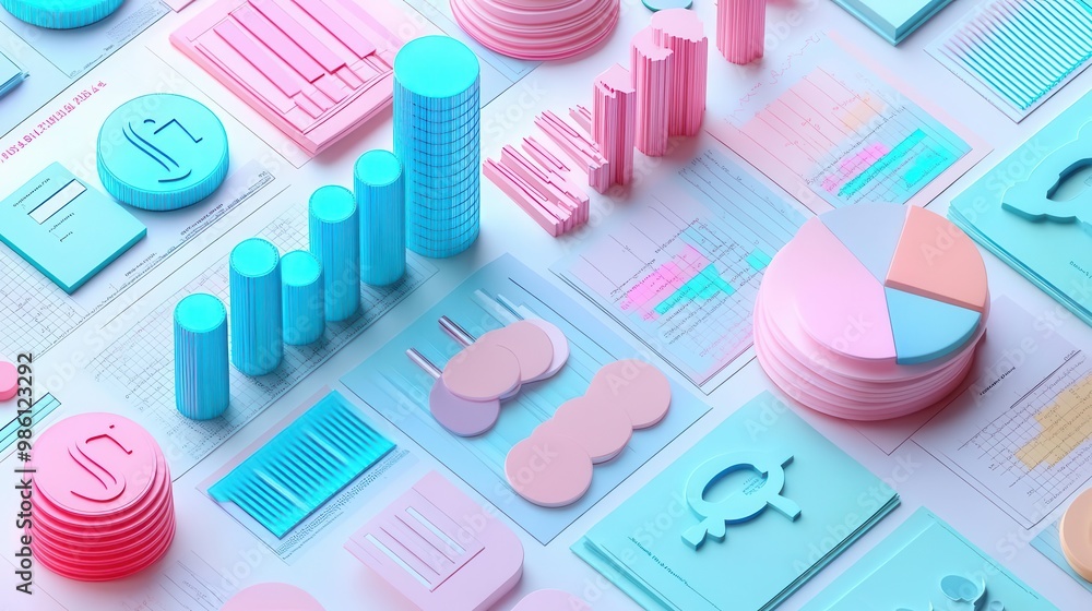 Global economy and finance sector investments flat design, top view, market analysis theme, 3D render, colored pastel scheme Global economy and finance sector investments flat design, top view, market analysis theme, 3D render, colored pastel scheme