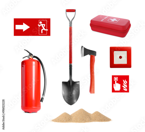 Collage with fire extinguisher and other firefighting equipment on white background photo