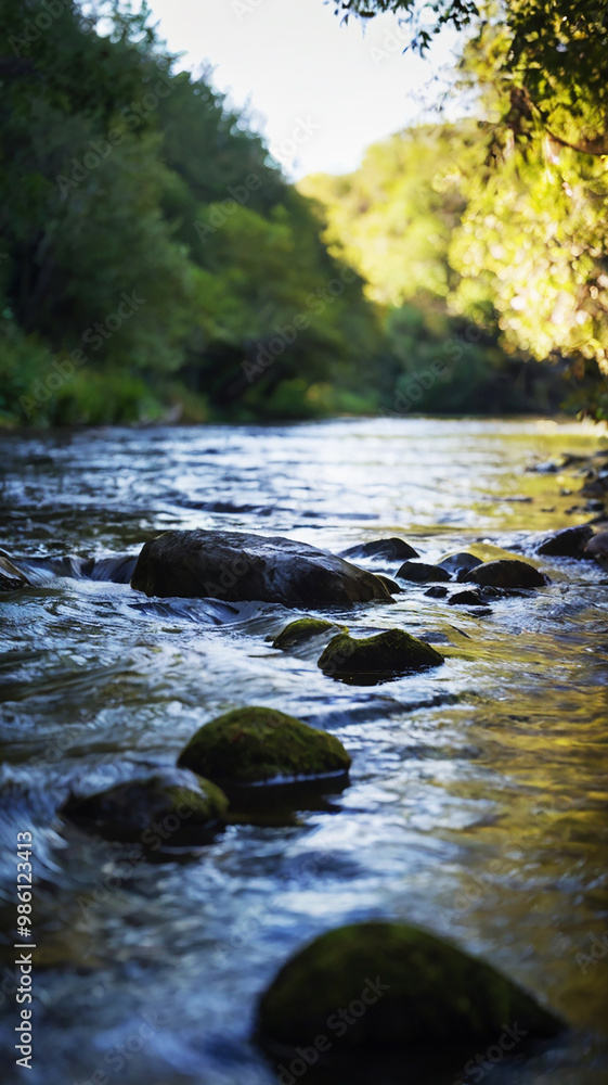 Fototapeta premium Blurred bokeh of a calm, flowing river