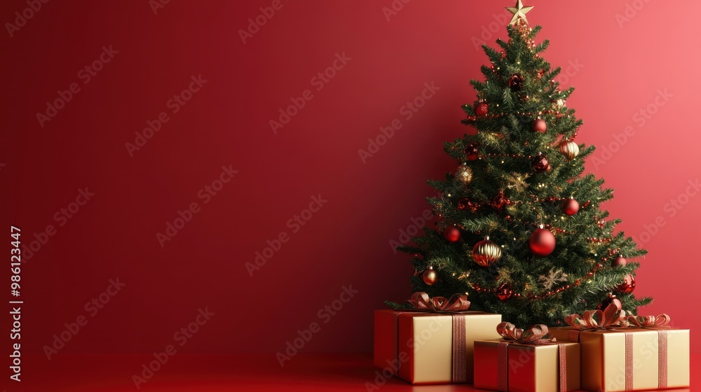 Decorated Christmas tree with red and gold ornaments and gifts in front of a red background. Decorated Christmas tree with red and gold ornaments and gifts in front of a red background.