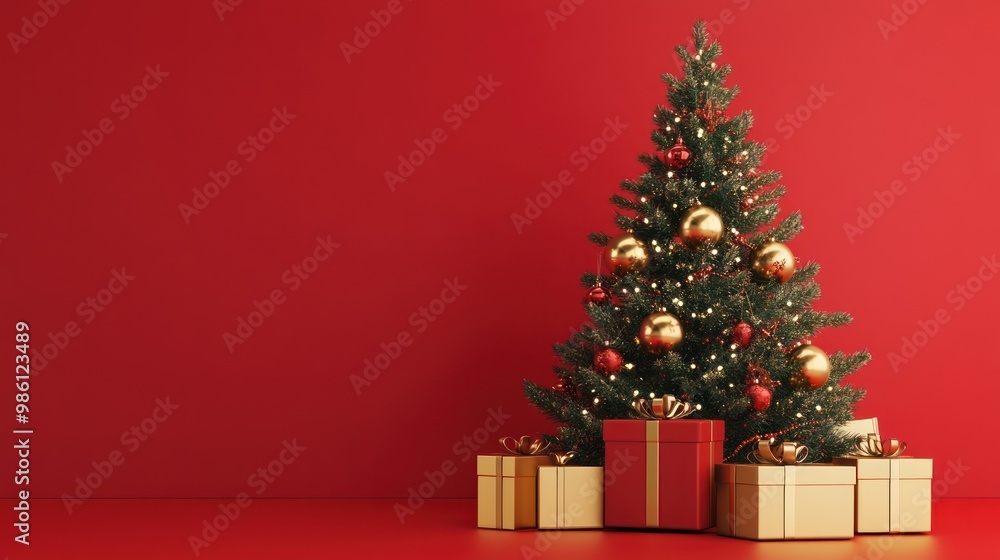 Christmas tree with presents against a red background. Christmas tree with presents against a red background.