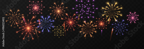Vector fireworks png. Colorful fireworks on isolated transparent background. Fireworks, pyrotechnics PNG. Festive background.