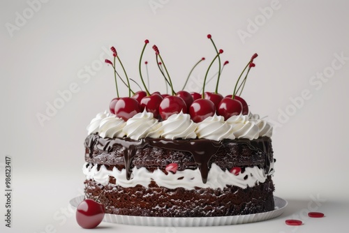 Black forest cake decorated with whipped cream and cherries. Isolated on white background