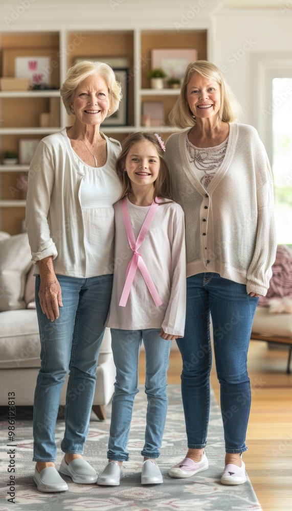 Fototapeta premium Three Generations of Women Wearing Pink Ribbons in a Cozy Living Room for Breast Cancer Awareness