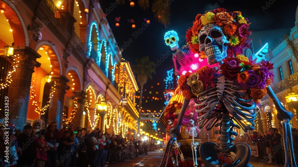 Colorful Día de los Muertos Parade with Skeleton Floats and Performers in Elaborate Costumes at Night Colorful Día de los Muertos Parade with Skeleton Floats and Performers in Elaborate Costumes at Night