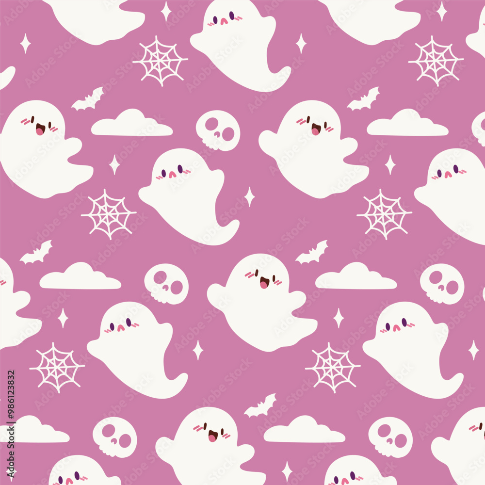 Kawaii Ghosts and Skulls Halloween Pattern. Cute pattern features cute, kawaii style ghosts, skulls, spider webs, and bats on a pink background. Kawaii Ghosts and Skulls Halloween Pattern. Cute pattern features cute, kawaii style ghosts, skulls, spider webs, and bats on a pink background.