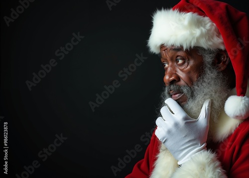 African American Santa Claus with thoughtful expression pondering Christmas against dark background with copy space photo