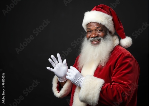 Cheerful Santa Claus with joyful expression waving against dark background with copy space