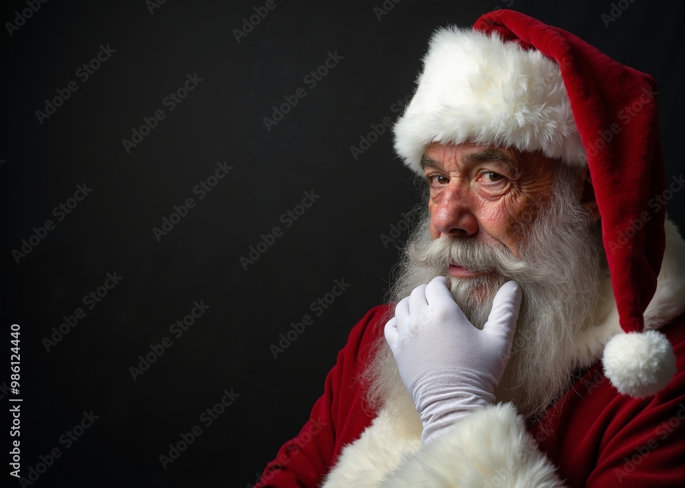 Santa Claus with thoughtful expression contemplating against dark background with copy space Santa Claus with thoughtful expression contemplating against dark background with copy space