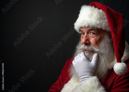 Santa Claus with thoughtful expression contemplating against dark background with copy space