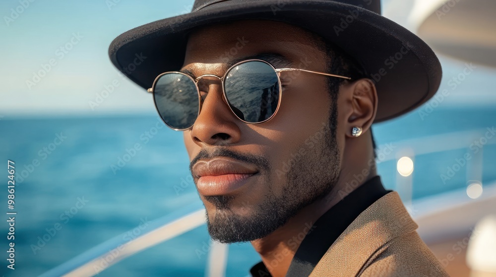 Close-up of a stylish man wearing a hat and sunglasses, looking out to sea. Close-up of a stylish man wearing a hat and sunglasses, looking out to sea.