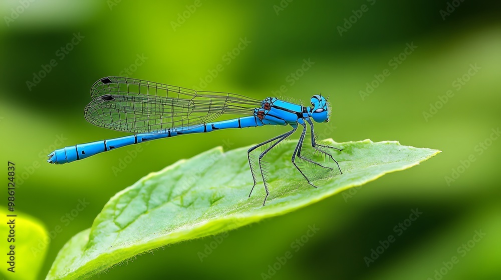 A blue dragonfly perched on the edge of a green leaf, macro photography, blurred background, macro lens, macro view A blue dragonfly perched on the edge of a green leaf, macro photography, blurred background, macro lens, macro view