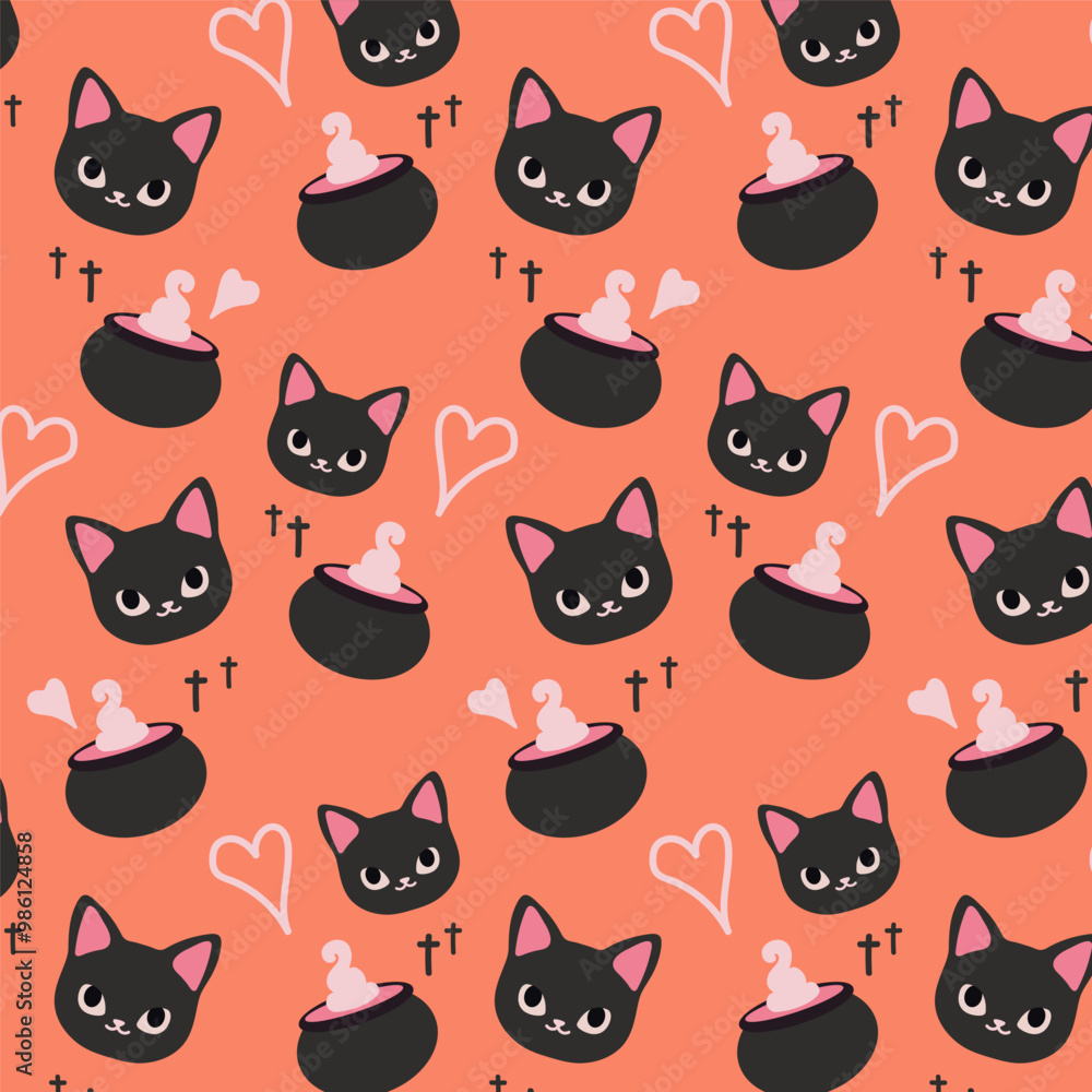 Cute Black Cat and Witch Cauldron Pattern. Cute pattern features cute black cats, magical cauldrons, and hearts on a coral background. Cute Black Cat and Witch Cauldron Pattern. Cute pattern features cute black cats, magical cauldrons, and hearts on a coral background.